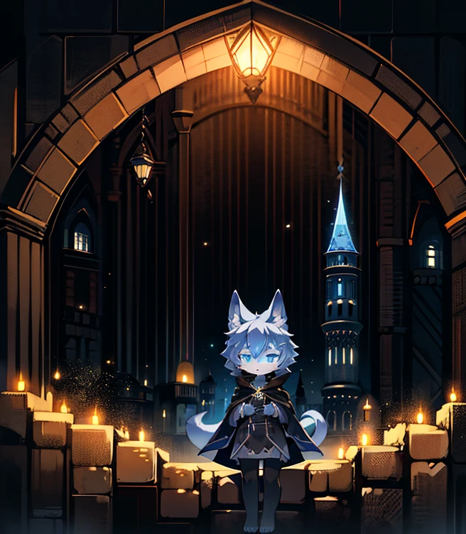 Wizard gray cat boy alone in ancient castle，In the middle of the night，The environment is dim,With hood and cape，Dressed in black robes，Have a pair of glowing blue eyes，Cute face