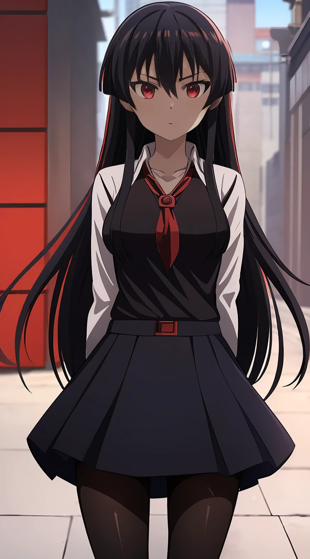 Akame (akame ga kill) anime art style, master piece, best quality,1girl,very long black hair, perfect face, expressive eyes, red eyes ,medium breasts ((school uniform Japanese ,White shirt ,blue serafuku, pantyhose,black skirt )),red tie , looking at me ,full body, background school