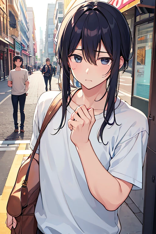 male people、30-years old、a cool、In the street、up of face、neat face、Inconsolable