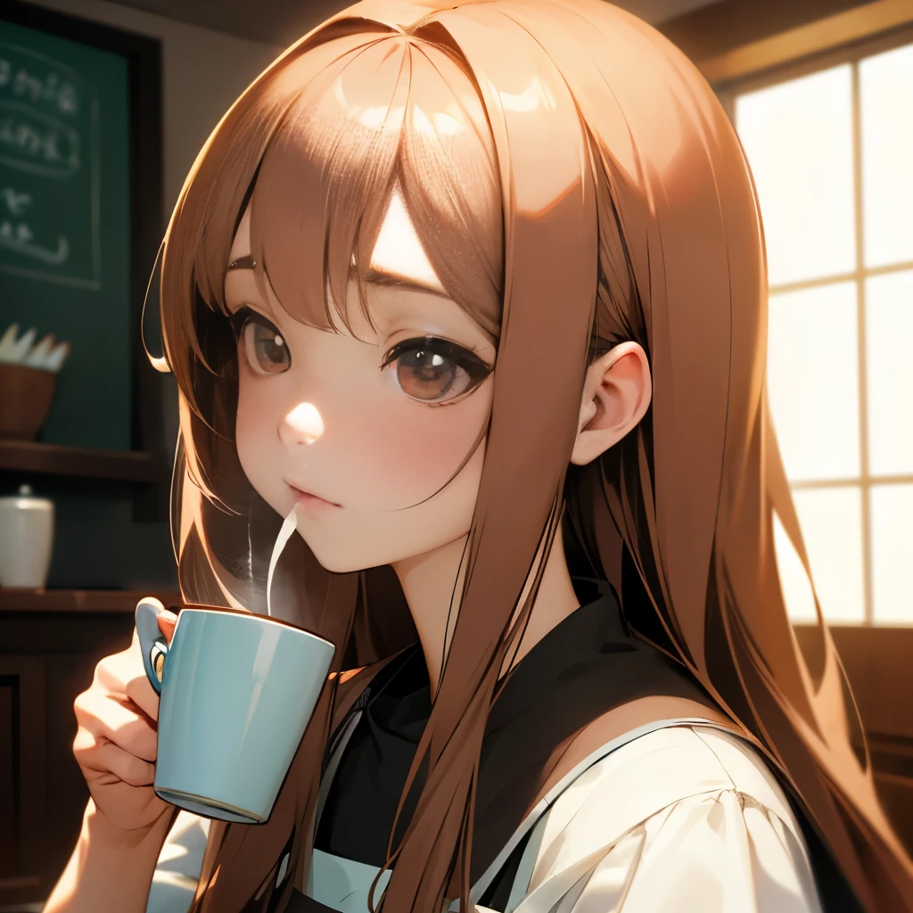 There is a woman drinking coffee, real life anime girl, realistic young anime girl, portrait of Cute anime girl, cute natural anime face, kawaii realistic portrait, realistic anime 3 d style, cute kawaii girl, charming anime girls, photorealistic anime, mysterious coffee shop girl, young anime girl, Cute anime girl, Anime Girl with Long Hair
