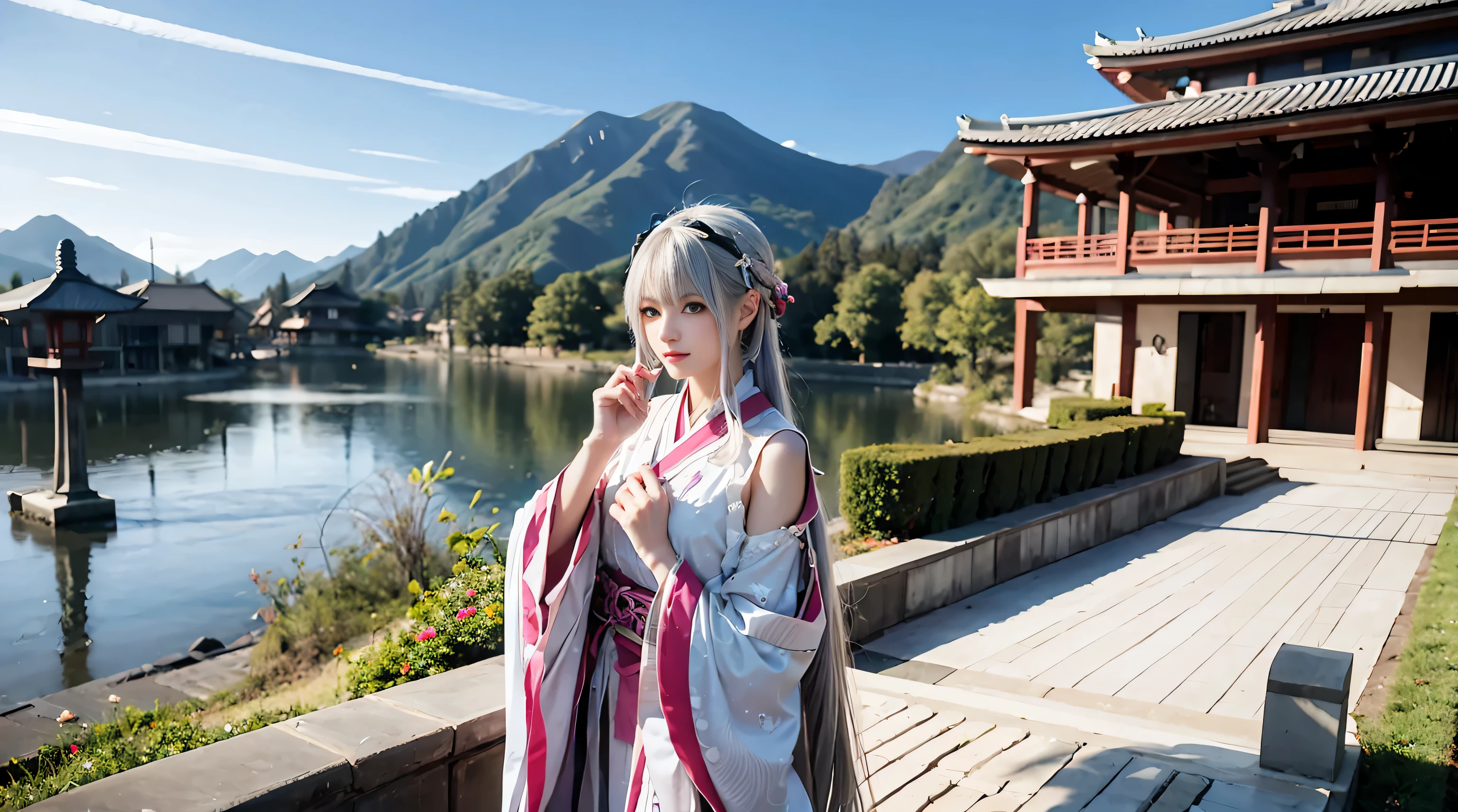 tmasterpiece, Best quality at best,Lax-BK, 1 Sister, Alone, Long gray hair, with pink hair, very Long gray hair, eBlue eyes, hair adornments, Japanese clothes, Split sleeves