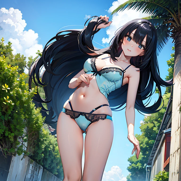 Black hair, sexy, large breasts, ((sky blue lingerie)), ((sky blue underwear))