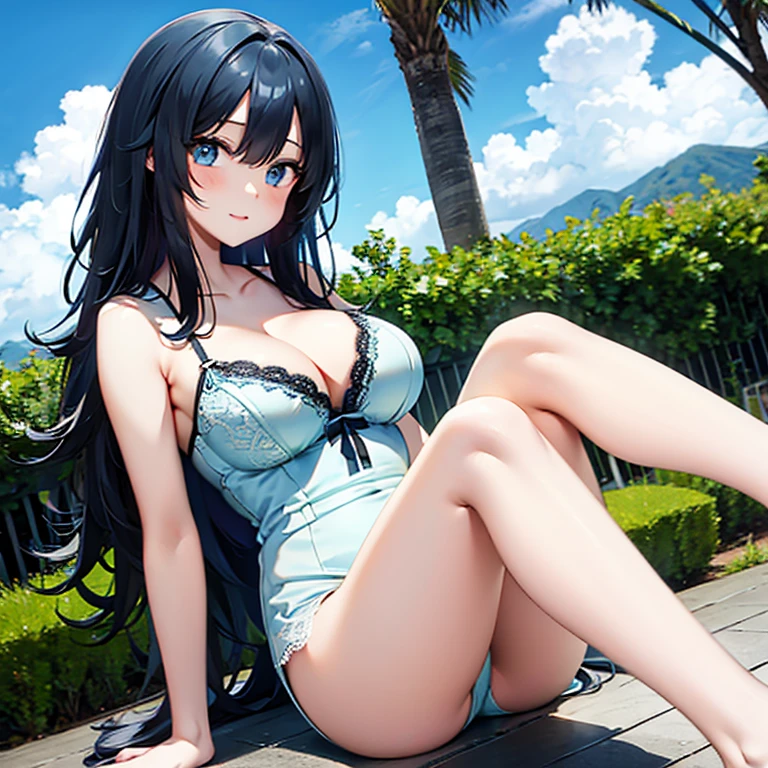 Black hair, sexy, large breasts, ((sky blue lingerie)), ((sky blue underwear))