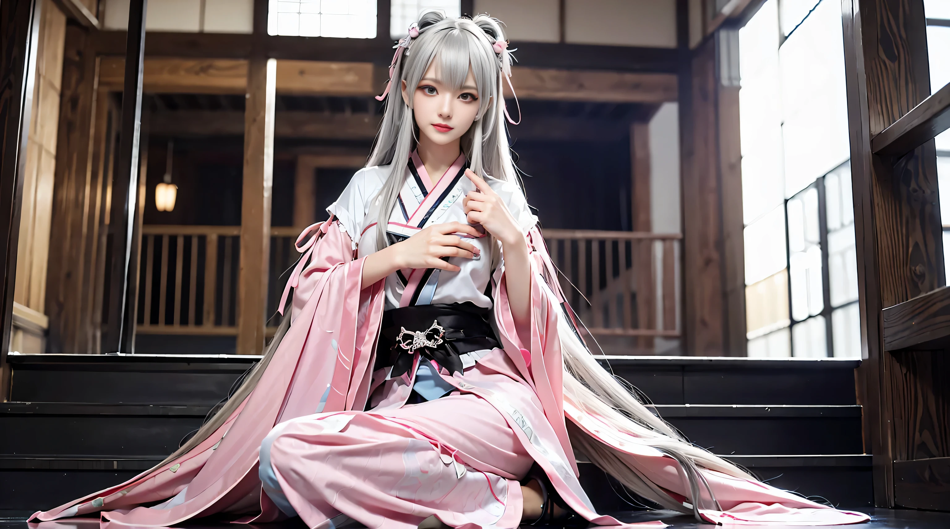 tmasterpiece, Best quality at best,Lax-BK, 1 Sister, Alone, Long gray hair, with pink hair, very Long gray hair, eBlue eyes, hair adornments, Japanese clothes, Split sleeves