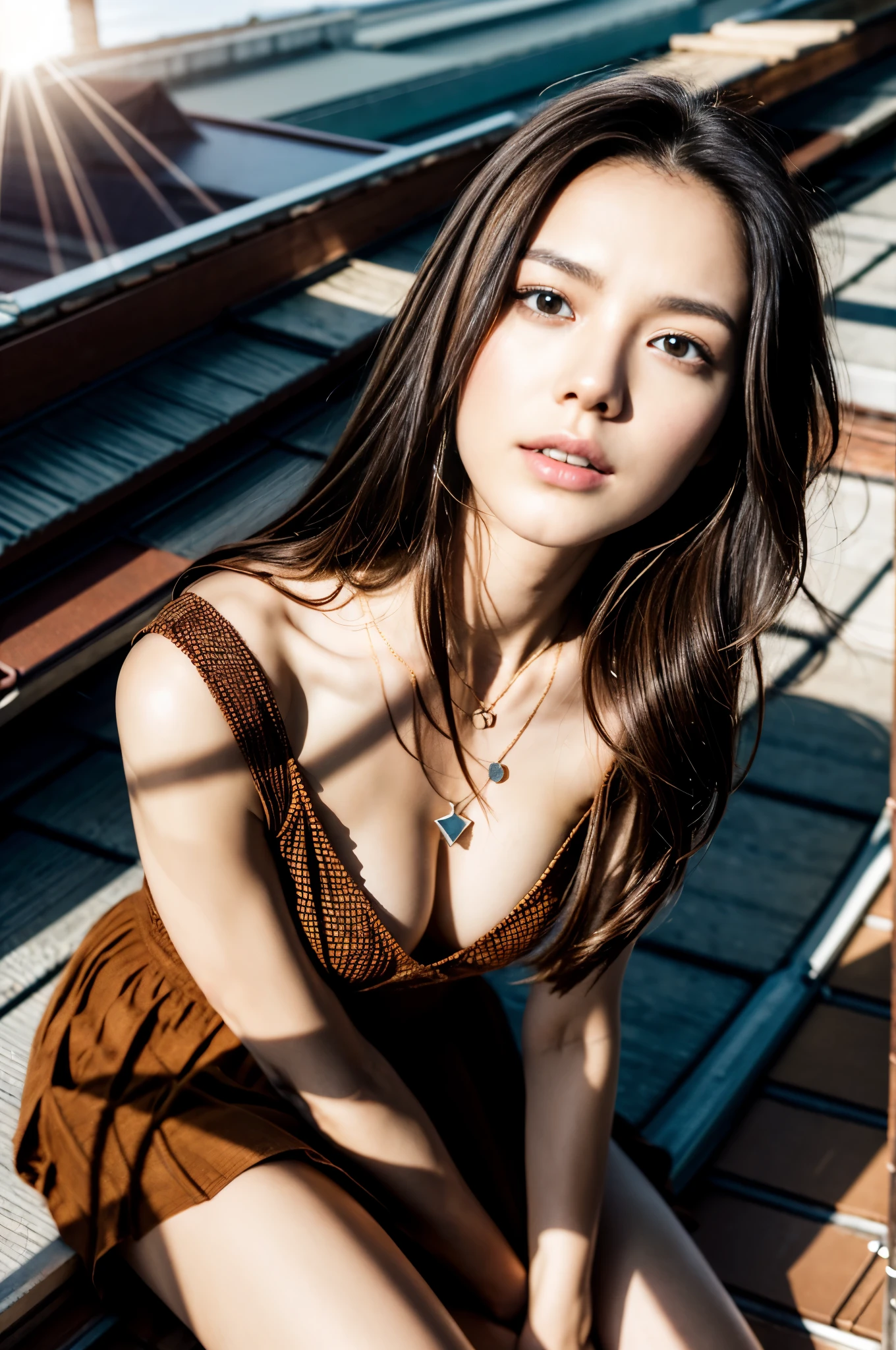 (Photoreal Stick:1.5, masutepiece:1.5, 8K), (top-quality, masterpiece, 超A high resolution), Professional camera work, Perfect dynamic composition, Highly detailed skin and facial texture:1.3, Grow Light Effect, The ultra-detailliert, Mystical portrait, 1girl in, (On the rooftop, Intense sunlight:1.3, Sunlight pouring down from above:1.3, Strong sunlight spreads across the screen:1.5), (thin satin v-neck dress), (Shoot with blur:1.4, fog the lens:1.4), Model body type, beautiful and clear face, (Eyes that feel beautiful eros:0.6, Enraptured look:0.7, i love you completely:0.5, slightly open mouth, A mouthfeel that feels beautiful eros:0.6), (Dark brown medium hair, the hair flutters with the wind), the chest is medium, a necklace), (leaning, Sit sexy)