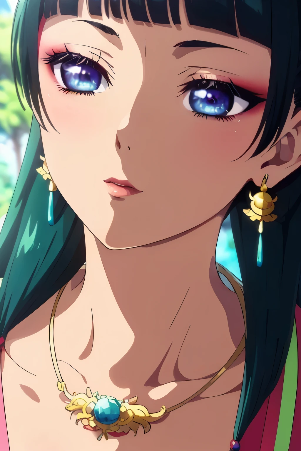 Maomao,Dark green hair,Blue eyes,Hair Ornament, Hair bun, earrings,earrings,Gold Necklace、red eye shadow((Highly realistic shading, masutepiece, Extremely detailed, Photorealistic))