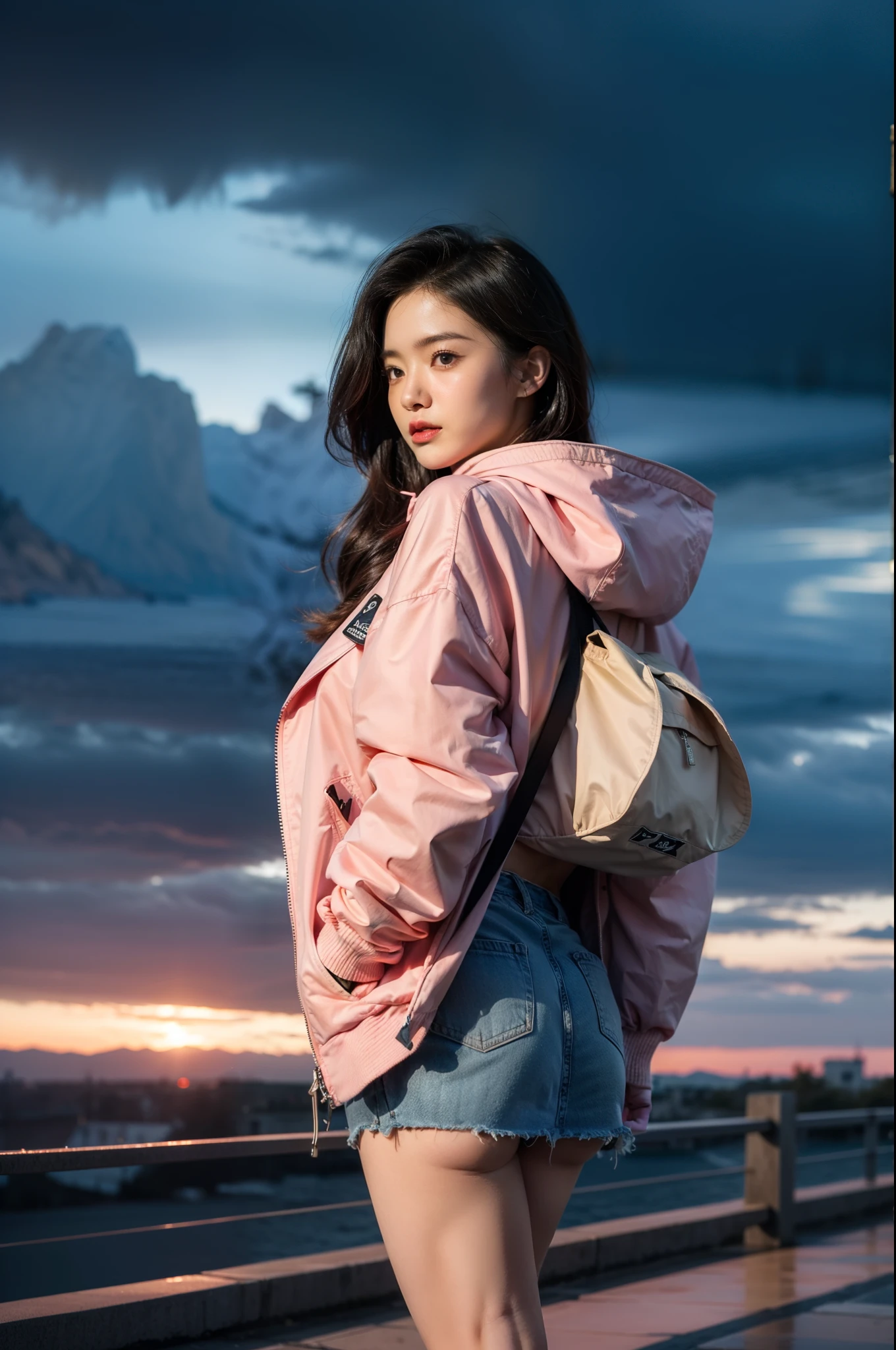 1 girl,pretty eyes,pink jacket,dark stormy clouds,Sateen,mirth,hoody,Superskirt,Open jacket,backpacks,messy hair,8K分辨率,The content is very detailed,Anatomically correct,Sharp Images,Trends on pixiv,8K,tmasterpiece, Best quality at best, twilight,bru,nevando,snow cover,