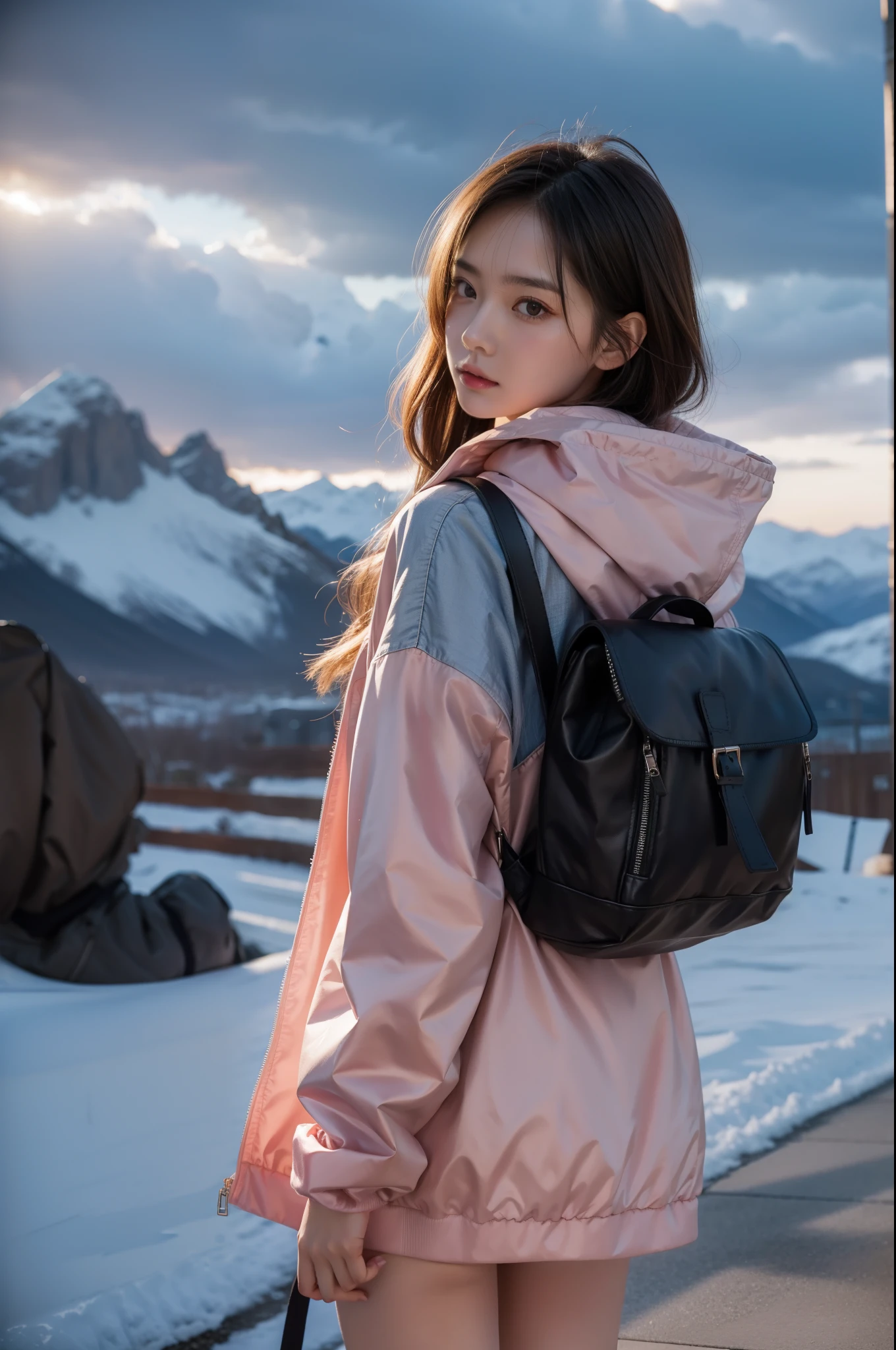 1 girl，pretty eyes，pink jacket，dark stormy clouds，Sateen，mirth，hoody，Superskirt，Open jacket，backpacks，messy  hair，8K分辨率，The content is very detailed，Anatomically correct，Sharp Images，Trends on pixiv，8K，tmasterpiece, Best quality at best, twilight，bru，nevando，snow cover，