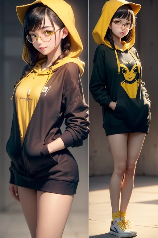 1 beautiful Thai girl, Long hair in a ponytail, bangs, eyeglasses, Naughty smile, natural small breast, perky tits, Over-ear headphones, Full body, Stand still., (Yellow oversized long hoodie:1.5), (open chest:1.5), Low-key lighting, smooth black background, anime, ultra highres