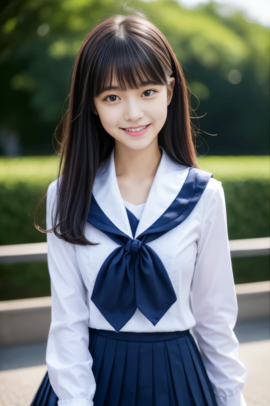 Close up of woman posing for photo,  japanese model model, 16-year-old female model,  4K、bangss、A dark-haired、bobhair、Middle hair、Straight hair、(white long-sleeved school uniform, Navy blue pleated skirt:1.2),　(Super cute face in idol style:1.2)、school classrooms、slim and beautiful figure、beutiful breast、A smile、full body Esbian、school classrooms美しい脚、sexy  pose、white sock、White sneakers、