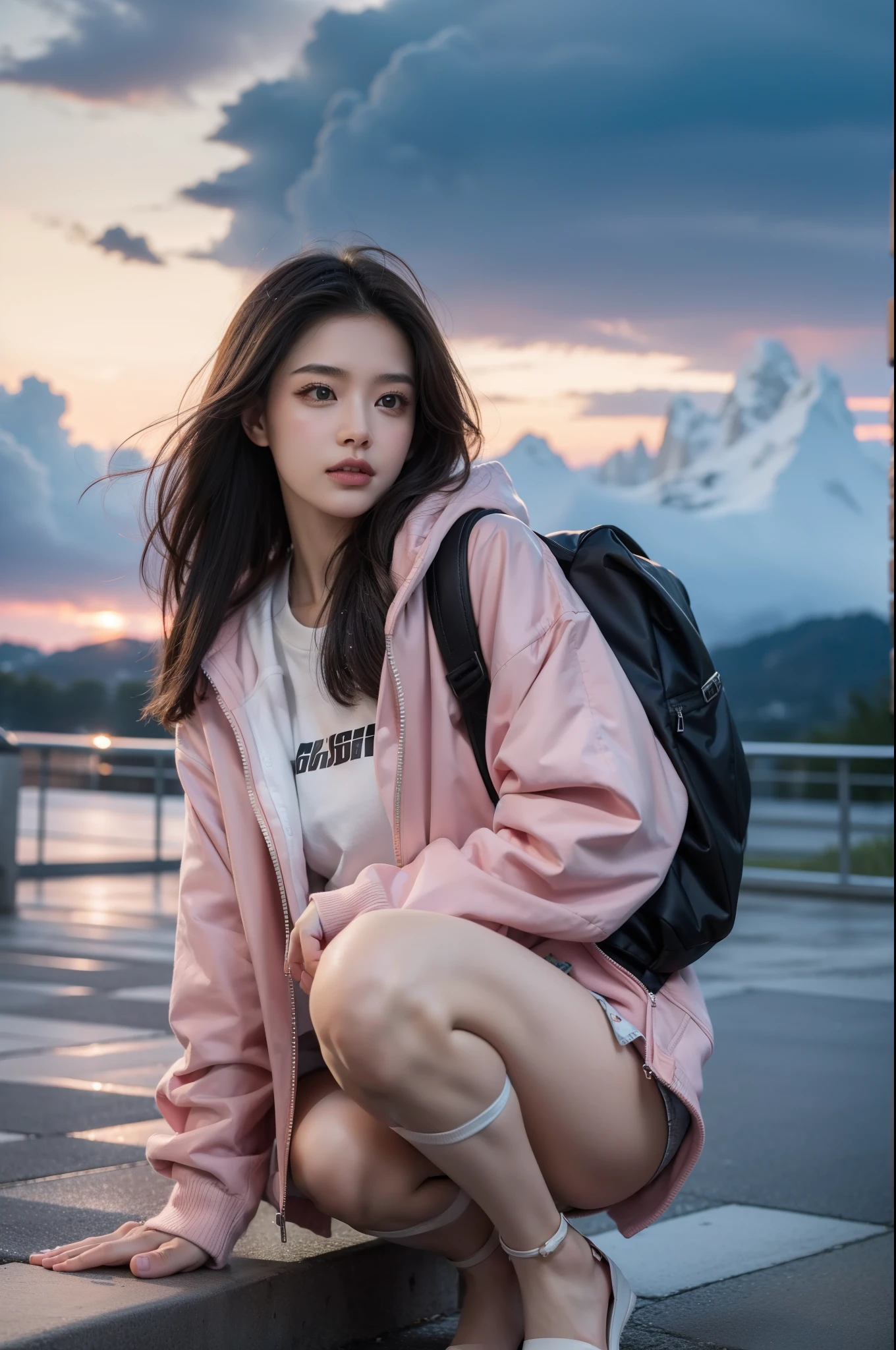 1 girl，pretty eyes，pink jacket，dark stormy clouds，Sateen，mirth，hoody，Superskirt，Open jacket，backpacks，messy  hair，8K分辨率，The content is very detailed，Anatomically correct，Sharp Images，Trends on pixiv，8K，tmasterpiece, Best quality at best, twilight，bru，nevando，snow cover，