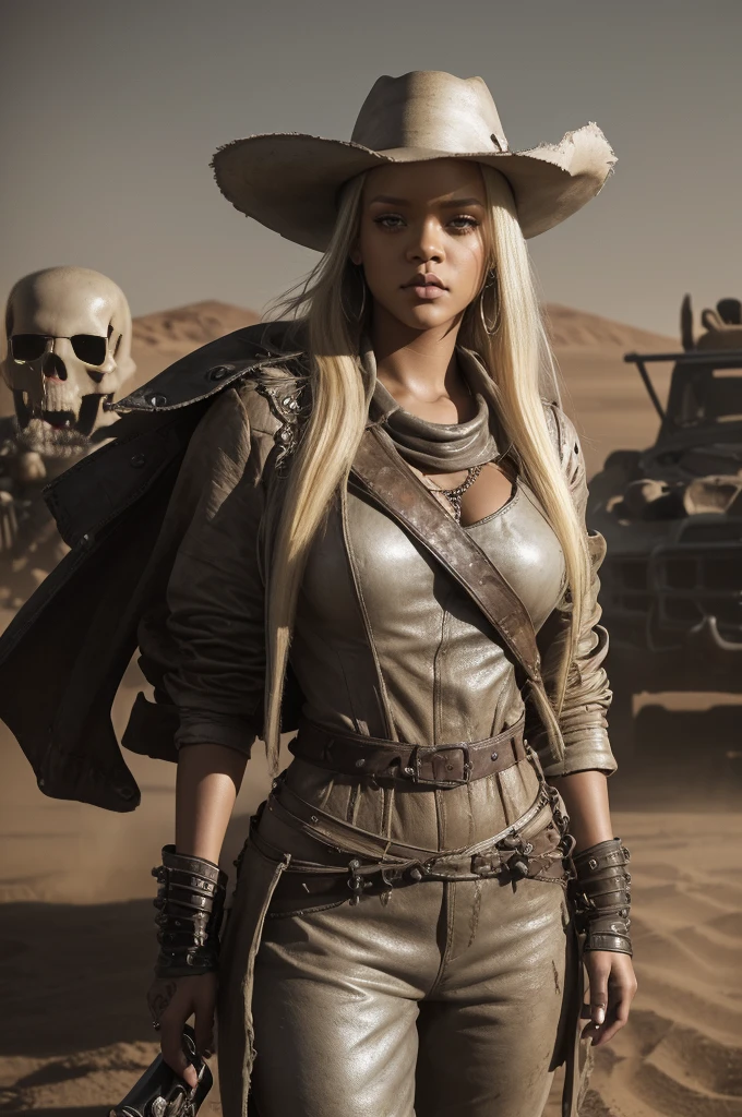 Rihanna Fenty, (((chubby))), (chubby face) natural collor hair, brown melanine skin , ripped old wildwest bang bang full clothes, cowgirl leather hat, background old west bang bang, night, very steam, white leather clotes, ((very ripped whole jumpsuit)), earings, acessories, epic composition, perfect hands, perfect composition, perfect fingers, vintage collor lights, handsome face, ((angry face)), in desert, (((((very long blonde light platinum messy hair))))), long leather boots, dunes, ((((dust sand)))), very detailed image, overcoat leather clothe, ancient sand temples, big booty, (small boobs), vintage lights, cinematic composition, epic cinematic pose, white clothes, apocaliptic clothes, (((Mad Max clothes))), (((skull and bones clothes))), (ancient dagger), (mad max acessories)