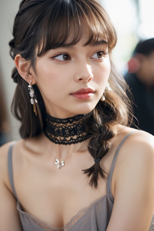 cute, ultra-detailed breasts, illustration, intricate, detailed breasts, extremely detailed breasts, detailed breasts face, soft light, soft light, soft focus , Perfect face, Beautiful, Accurate anatomy, Overexposure, 8K, 4K, (High resolution: 1.1), Best quality, (Maste piece: 1.3), 1 girl, Solo, Jewelry, Brown eyes , looking at viewer, earrings, gray hair, bangs, choker, closed mouth, people photography, watching, hair ornament, simple background, gray background, long hair, headrest, new lips, hair braids, black choker, braids, false eyelashes