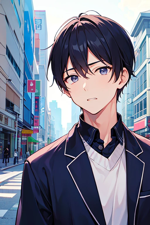 male people、40 years、a cool、In the street、up of face、neat face、Outraged、The upper part of the body