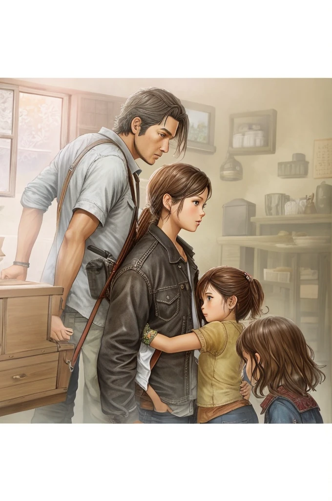 there is a drawing of a family that is standing together, highly detailed exquisite fanart, by Nándor Katona, beautiful drawing style, illustration!, in the last of us, children's book drawing, by Yanagawa Nobusada, by Luis Molinari, by Giorgio Cavallon, luscious ) in the last of us, by Oka Yasutomo, detailed fanart
