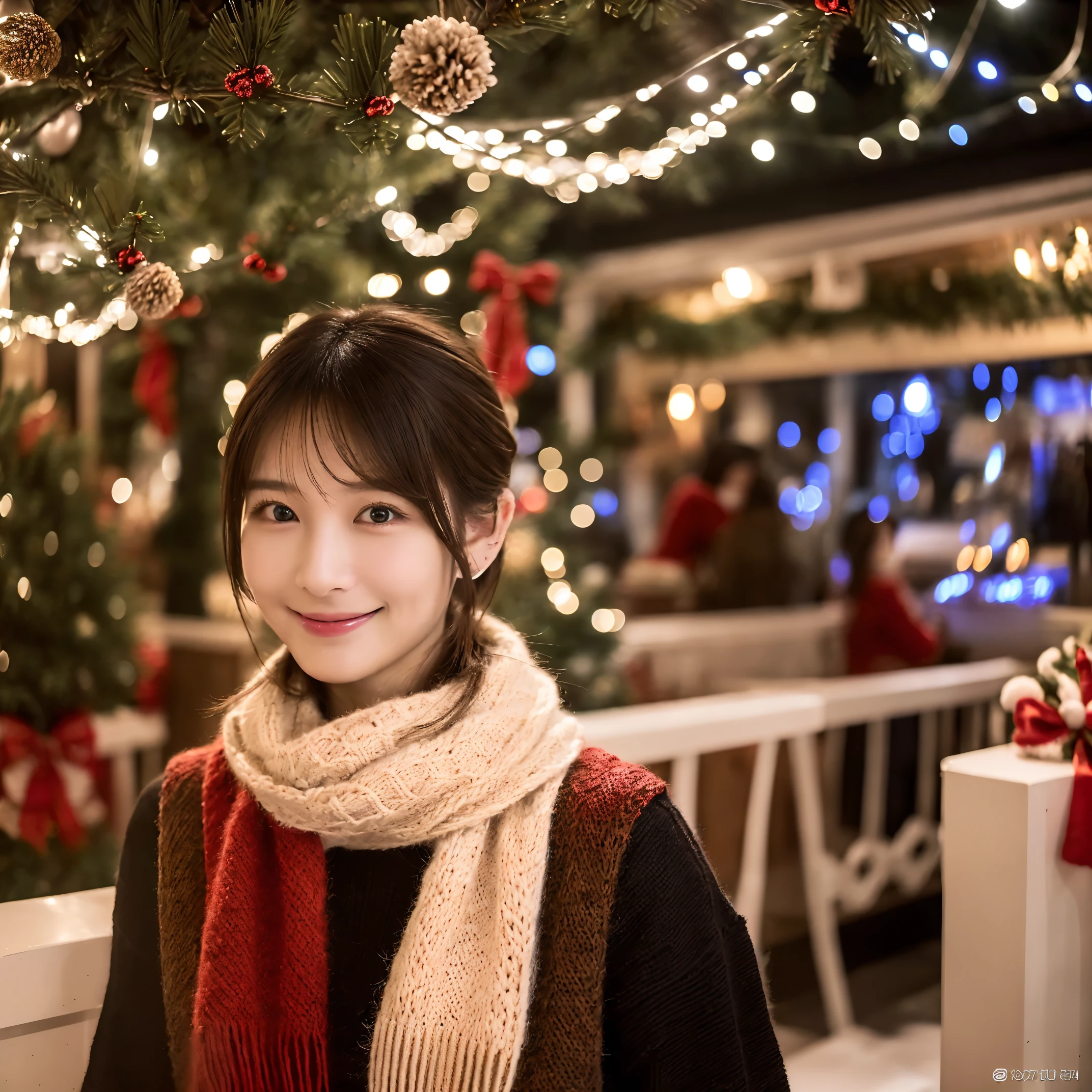 (The ultra -The high-definition:1.5)(ultra-detailliert:1.3) (ultra-quality) (An ultra-high picture quality:1.5) (rialistic photo:1.3) A Japanese Lady 21years old ((detailed and beautiful faces:1.3)) ((realistic skin textures:1.3)) ((Precise, high-quality eyes:1.3)) ((The beauty of detailed and high quality ears, Very fair and transparent skin:1.3)) ((Beautifully groomed straight bob hair))Complete body beautiful proportion (winter trend fashion:1.3) gentle and elegant fashion knitted sweater cashmere scarf Intellectual The background is the inside of a cafe at dusk.. Beautiful, Luxurious and stylish interior ((smile kindly at the viewer:1.3)) Very beautiful high definition image quality ((Amazingly beautiful high-quality images)) ((Christmas City))((Beautiful Christmas Lights)) ((Christmas tree))