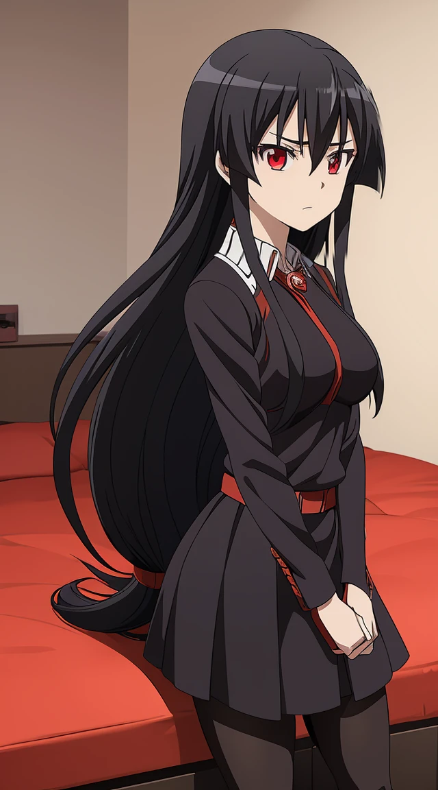 Akame (akame ga kill) anime art style, master piece, best quality,1girl,very long black hair, perfect face, expressive eyes, red eyes ,medium breasts ((nudes , pantyhose )), looking at me ,full body, background hotel room