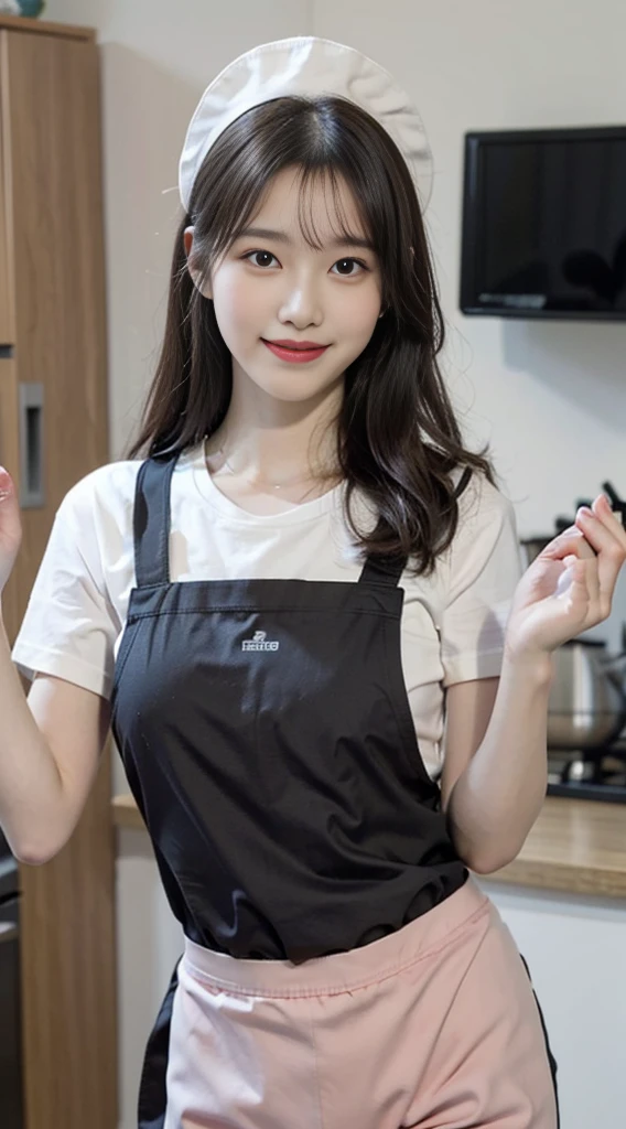 (Best quality, 8k, masterpiece: 1.3), a beautiful woman with perfect figure: 1.4, dark brown hair, wearing a pendant, wearing an apron, in the kitchen, highly detailed face and skin, detailed eyes, double eyelids, smile