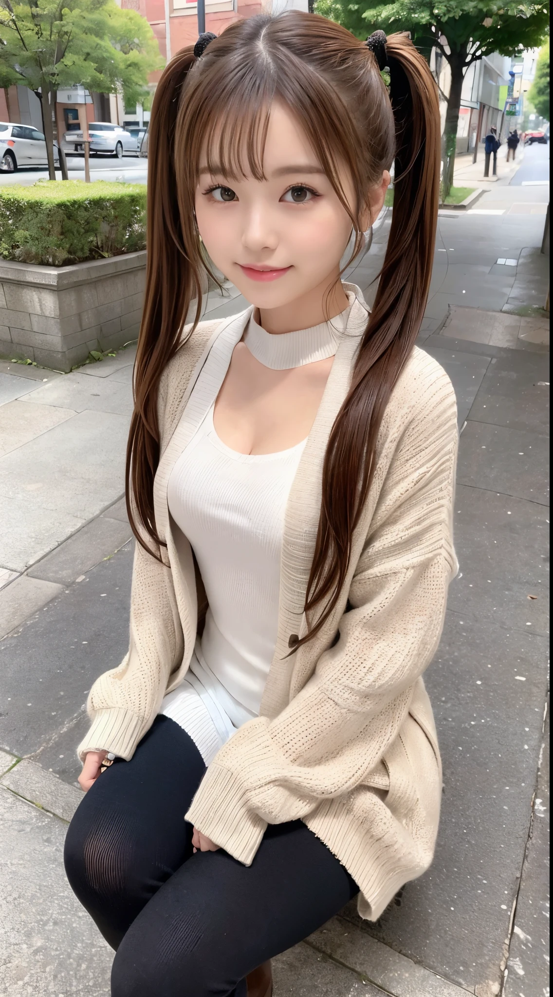 (High quality, High resolution, Ultra-detailed, Realistic:1.37), (Full Body Pose)、(Full body photo of a girl)、peaceful ambiance, (plein air, In the street)、 ((large twin tails、Scrunchie))、((Inner Stock、open two legs、sit on a bench))、An 18 year old high school girl、B Cup、Beautiful detailed features, Cute smile, (Brown hair), (Casual Outfit), (tight sweater)、(Cardigan)、(Jeans miniskirt), (Black tights)、(tight brown round boots)、