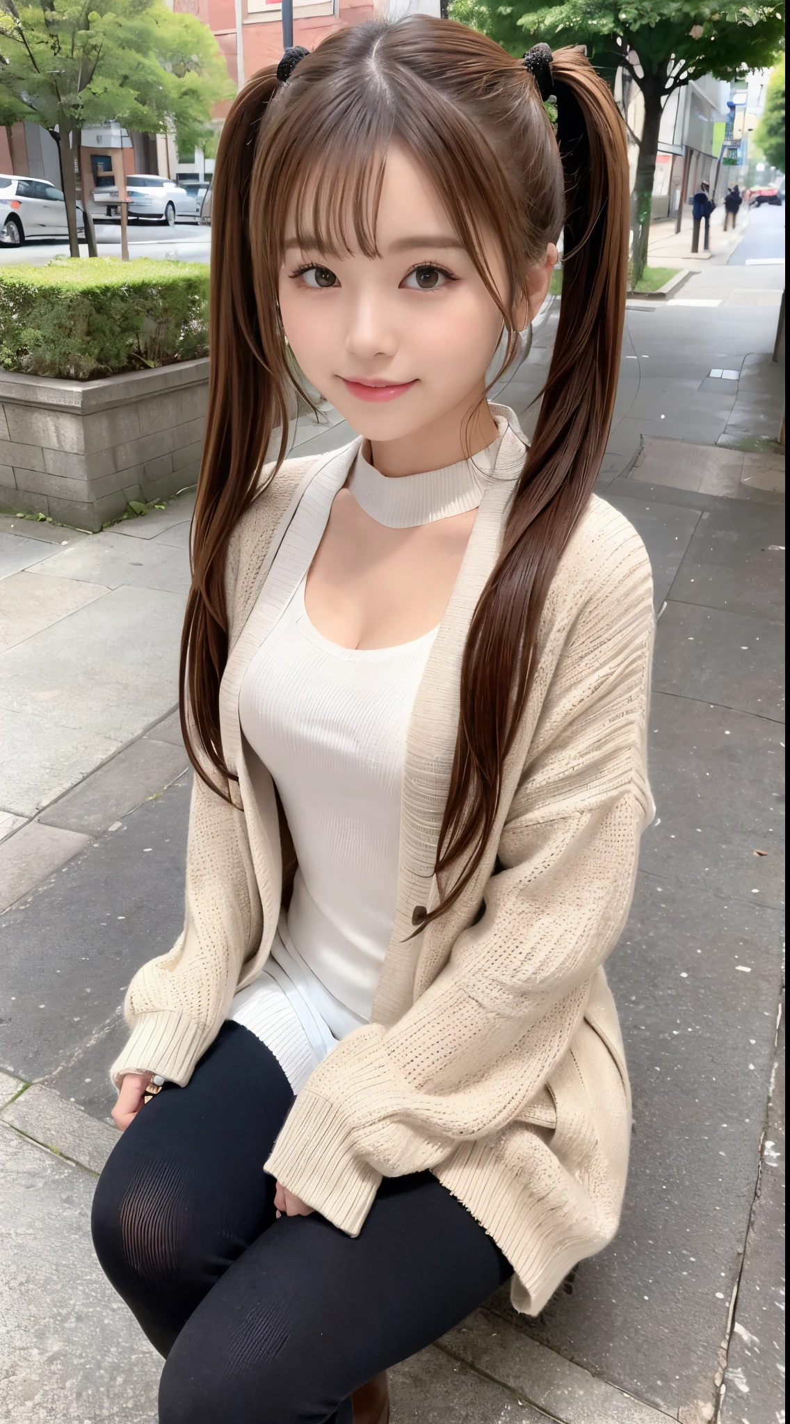 (High quality, High resolution, Ultra-detailed, Realistic:1.37), (Full Body Pose)、(Full body photo of a girl)、peaceful ambiance, (plein air, In the street)、 ((large twin tails、Scrunchie))、((Inner Stock、open two legs、sit on a bench))、An 18 year old high school girl、B Cup、Beautiful detailed features, Cute smile, (Brown hair), (Casual Outfit), (tight sweater)、(Cardigan)、(Jeans miniskirt), (Black tights)、(tight brown round boots)、