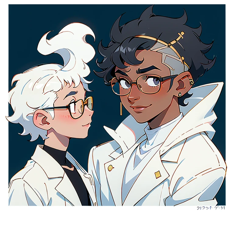 1boy smiling, curly hair, short hair, round glasses, white skin, looking in the mirror, colors,
nose and mouth of a black person,
small gold piercings in the ears, with hair shaved to the side, with a white jacket and white shirt
