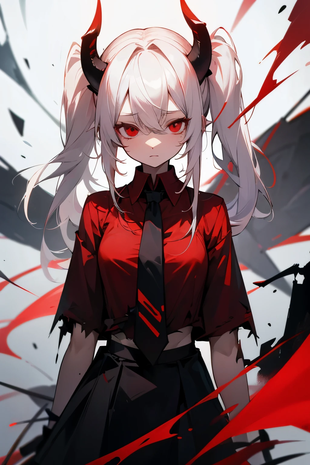 white-haired girl、red eyes、black horns、deadpan、Twin-tailed、Red shirt、neck tie、ripped clothing