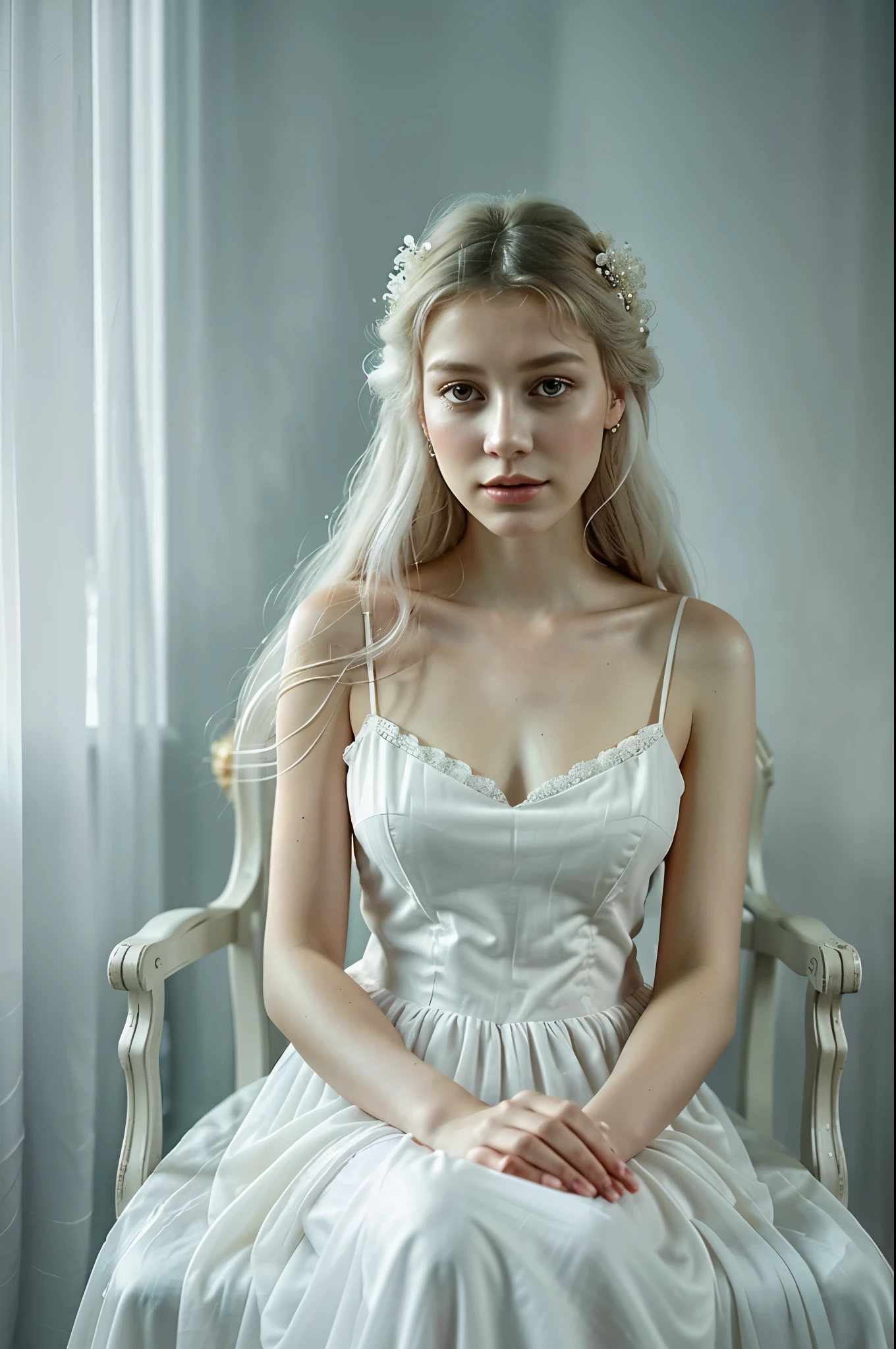 there is a woman sitting on a chair in a white dress, ethereal and dreamy, dreamy and ethereal, wearing a nightgown, ethereal beauty, very ethereal, romantic gown, long luxurious gown, elegant lady with alabaster skin, soft ethereal lighting, translucent dress, dreamy ethereal vibe, retro and ethereal, lovely languid princess, ethereal fairytale, a stunning young ethereal figure