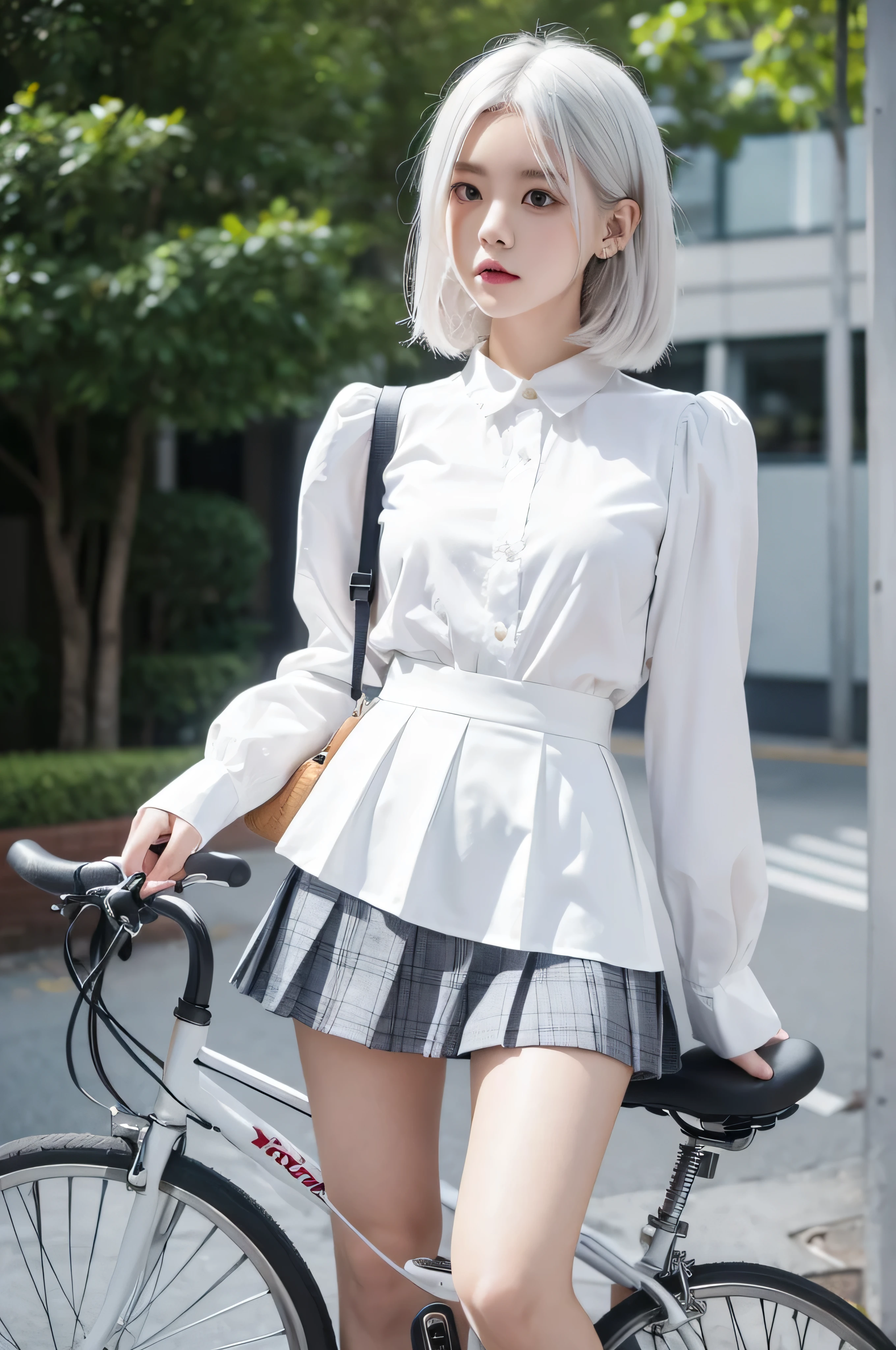 1girll, (masutepiece:1.1), (Best Quality:1.1), (White blouse:1.1), (checkered skirt:1.1), School uniform, high waist skirt,white color hair,bicycle,(Street 1.1),angry expressions,sideface