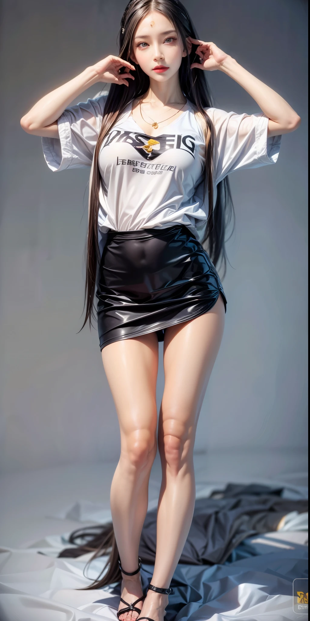 realistic, 1 women, best quality, 12k, HD, long hair, big round breasts, cleavage, ponytail, necklace, jewelry, shorts, short jacket, slim hips, hair tie, yellow eyes, black hair, super detailed, Eye details, hair details, person details, mouth details, face details, breast details, clothes details, hair details, pants details, hand details, whole body