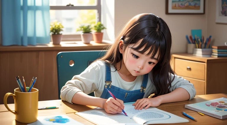 there is a young girl sitting at a table writing on a piece of paper,  drawing, kid drawing, writing a letter, kid, an artistic pose, drawing pictures on a notebook, young asian girl, hand-drawn, hand - drawn, kids drawing, kid's drawing, student, drawing for children, on medium grade paper, kids, holding pencil, carefully drawn --auto