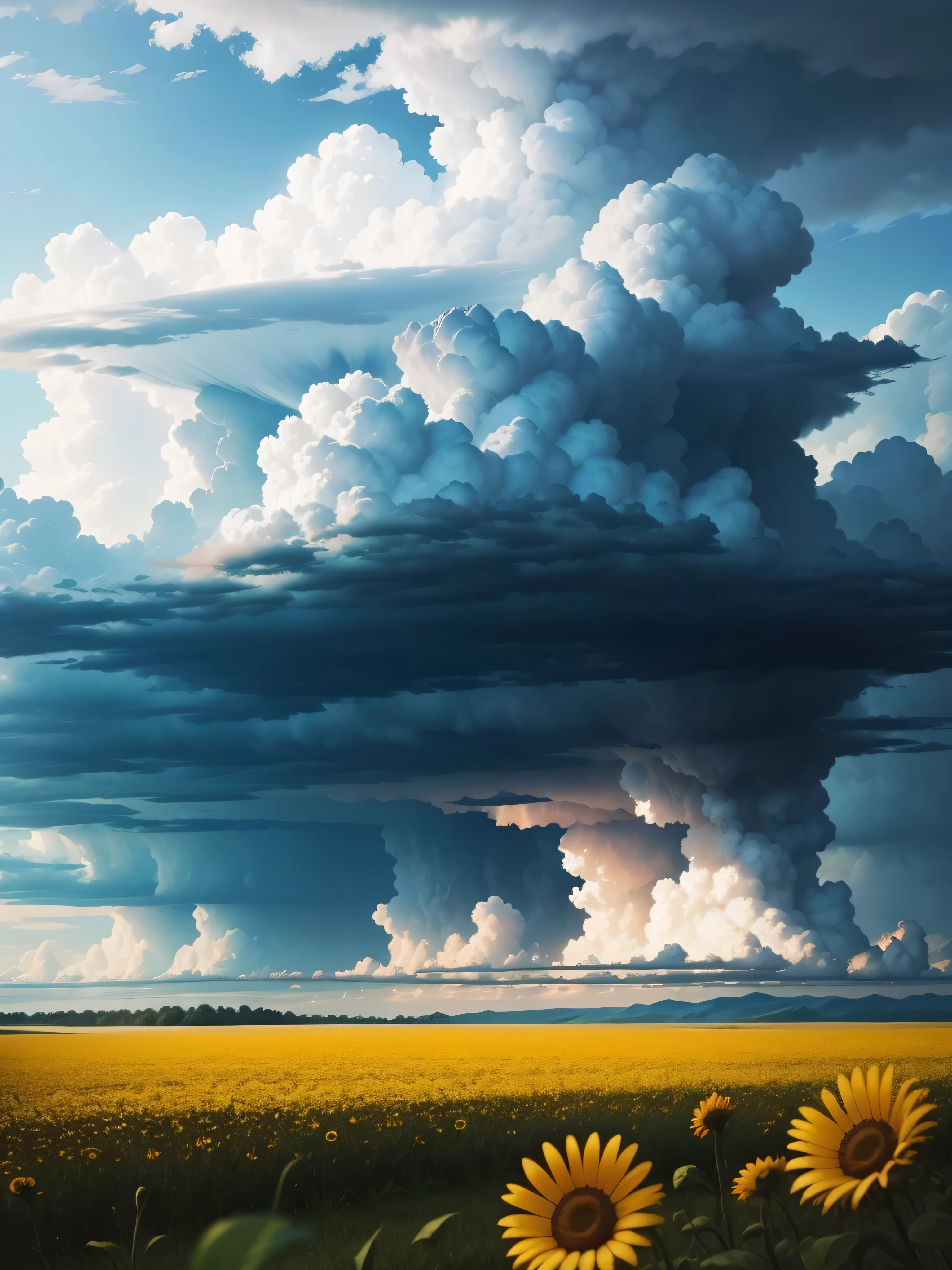 A wild flower field with thunderheads forming on the horizon during a sunny afternoon. Some lightning.