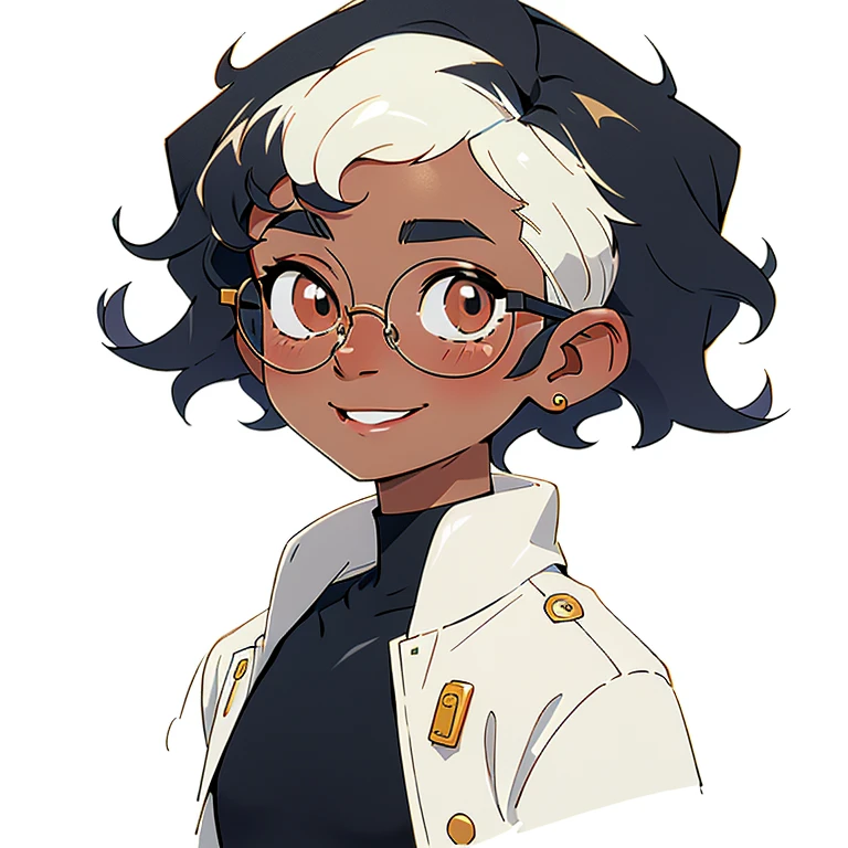 1boy smiling, curly hair, short hair, round glasses, white skin,
nose and mouth of a black person,
small gold piercings in the ears, with hair shaved to the side, with a white jacket and white shirt