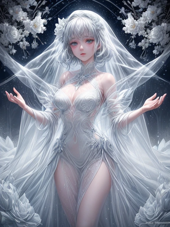 scenecy, Paradise in Heaven, white light naste piece), (Illustration), (Best Quality), (Cinematic), 8K, (art  stations), Li Yue Style. (長い白い髪とSilvery eyesを持つ1人の女の子), (Flowing white sheer dress, beautiful delicate face] [ Blue skin] [+ Body parts] [ particle roux full moon] [frozen blue tree々] [Landscape Dark Crystal] [Lighting] [Ethereal Atmosphere]:1.1 [Fantasy, short story] [book story Style] [soft Lighting] [moody mood]:0.8 [+Cinematic shot]:1.2 [+art  stations] [+luminous blue background] [+soft Lighting] [soft glow] [Creative and dynamic angles]:1.3, [+Crystal Toning] [+Octane Rendering] [+Professional post-production ] [+Octane Rendering] [+tones and Lighting and contrast/ +ghibli Style/+Style] [FUJIFILM XT3 Film]、masutepiece, ighly detailed, Ultra-detailed, Solo, (pale skin), Silvery eyes, Frosty white hair, (snowy background), snowflake rose flower:1.5), (crystal crown), (shining crystals), (((White sheer dress))), (Snowy ground), (Icy breath), (Frozen lashes), stand in a room with flowers、A woman wearing a transparent and delicate wedding dress, luxurious wedding, very magical and dreamy, dreamy and detailed, ethereal fairy tale, fairy tale stage:, Luxury sheer dress, dreamy diamond、Transparent dress with lots of crystals, fantasy sheer dress, A magical dress with a transparent chest, crystal see-through dress, Woman in a transparent dress with sparkling flowersな雰囲気とドラマ, Gorgeous settings, Luxurious and intricate sheer long gown, 妖しい雰囲気 masutepiece, The most beautiful scenes, white transparent legal gown, An majestic、(((Filled with white flowers)))、quiet and serene atmosphere、A charming, Sheer,The nipple is visible、large boob、sexy-S 100,Transparent dress with lots of crystals, fantasy sheer dress, A magical dress with a transparent chest, crystal see-through dress, Woman in a transparent dress with sparkling flowers, intricate fantasy sheer dress, transparent rainbow color, translucent intricate gown, Detailed translucent costume design, translucent  dress, a stunning young ethereal figure, Bejeweled Opal Statue, fantasy transparent costume、all white tones,Inside the crystal library,Transparent flowers and falling snow，Many white roses were planted,flowingwater,falls,water bloom,The decoration is also carefully finished..,Dreamy（ighly detailedです，Creative Design，crisp and precise lines，K HD，best qualtiy，tmasterpiece，超A high resolution，4K）
