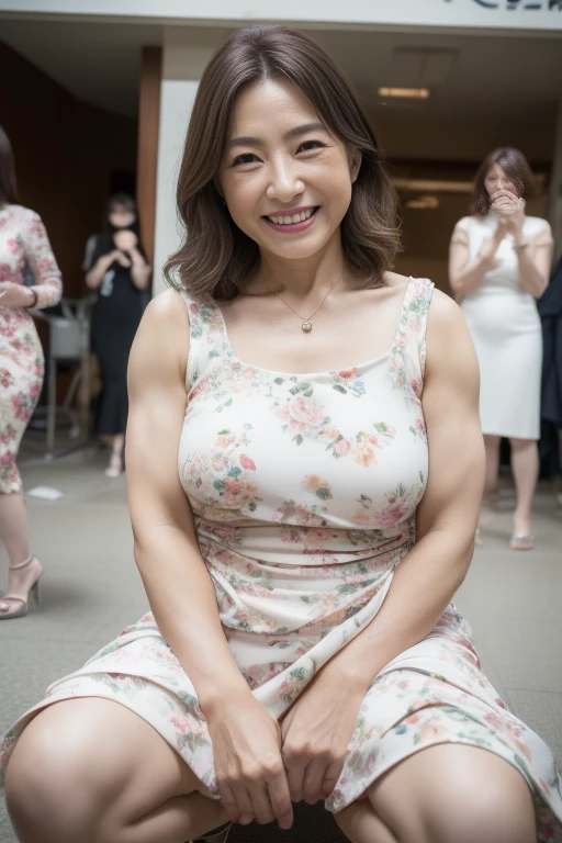 (Best Quality, hight resolution, Hires, Skin definition, Detailed skin, Detailed eyes, Detailed face, 4K, 日本人A MILF, (独奏で), (((50 years old))), (Wrinkles at the corners of the eyes:1.5), (nasolabial folds), Very large breasts, A MILF, glamor, A sexy, Chromo-white skin, Wavy Longhair, Looking at Viewer,(((my skin is old))), ((muscles are old)), Super large udder, ((Japanese Models)), 4K, 8K, (photoRealistic:1.5), Realistic, nffsw, Beautiful, Bimbo, Perfect makeup, small diamond necklace, piercings, ((Floral dress, high-heels, )), thick thighs, (Saggy buttocks), Curve, 独奏, ssmile, Public places, sitted, opening legs,