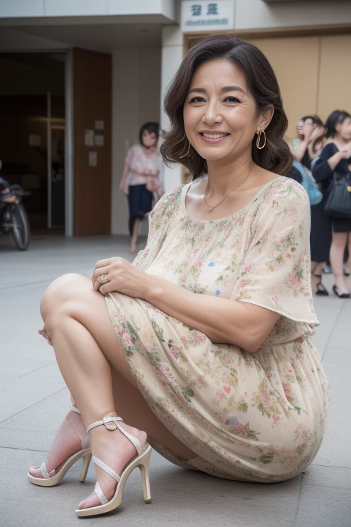 (Best Quality, hight resolution, Hires, Skin definition, Detailed skin, Detailed eyes, Detailed face, 4K, 日本人A MILF, (独奏で), (((50 years old))), (Wrinkles at the corners of the eyes:1.5), (nasolabial folds), Very large breasts, A MILF, glamor, A sexy, Chromo-white skin, Wavy Longhair, Looking at Viewer,(((my skin is old))), ((muscles are old)), Super large udder, ((Japanese Models)), 4K, 8K, (photoRealistic:1.5), Realistic, nffsw, Beautiful, Bimbo, Perfect makeup, small diamond necklace, piercings, ((Floral dress, high-heels, )), thick thighs, (Saggy buttocks), Curve, 独奏, ssmile, Public places, sitted, opening legs,