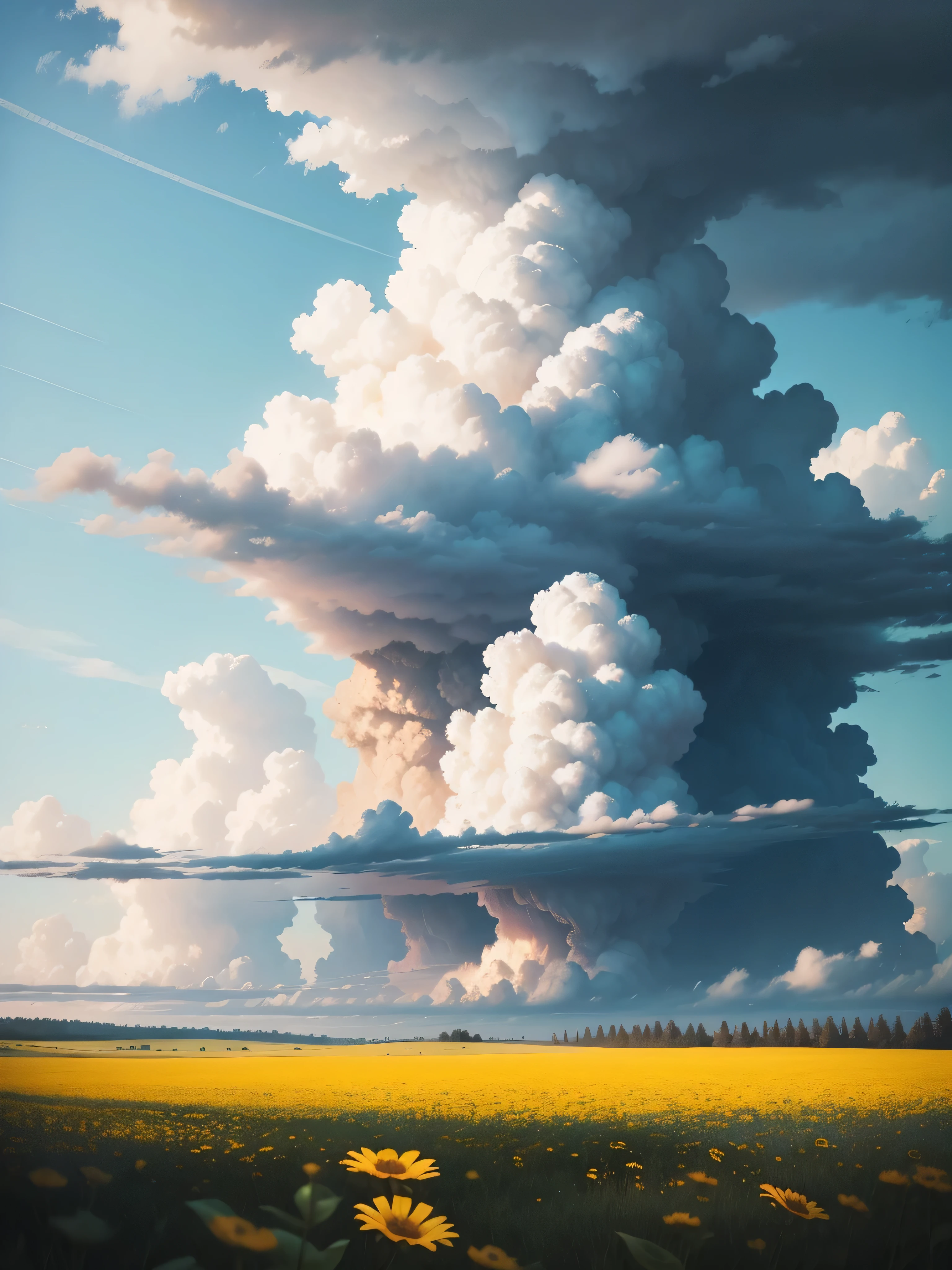 A wild flower field with thunderheads forming on the horizon during a sunny afternoon.