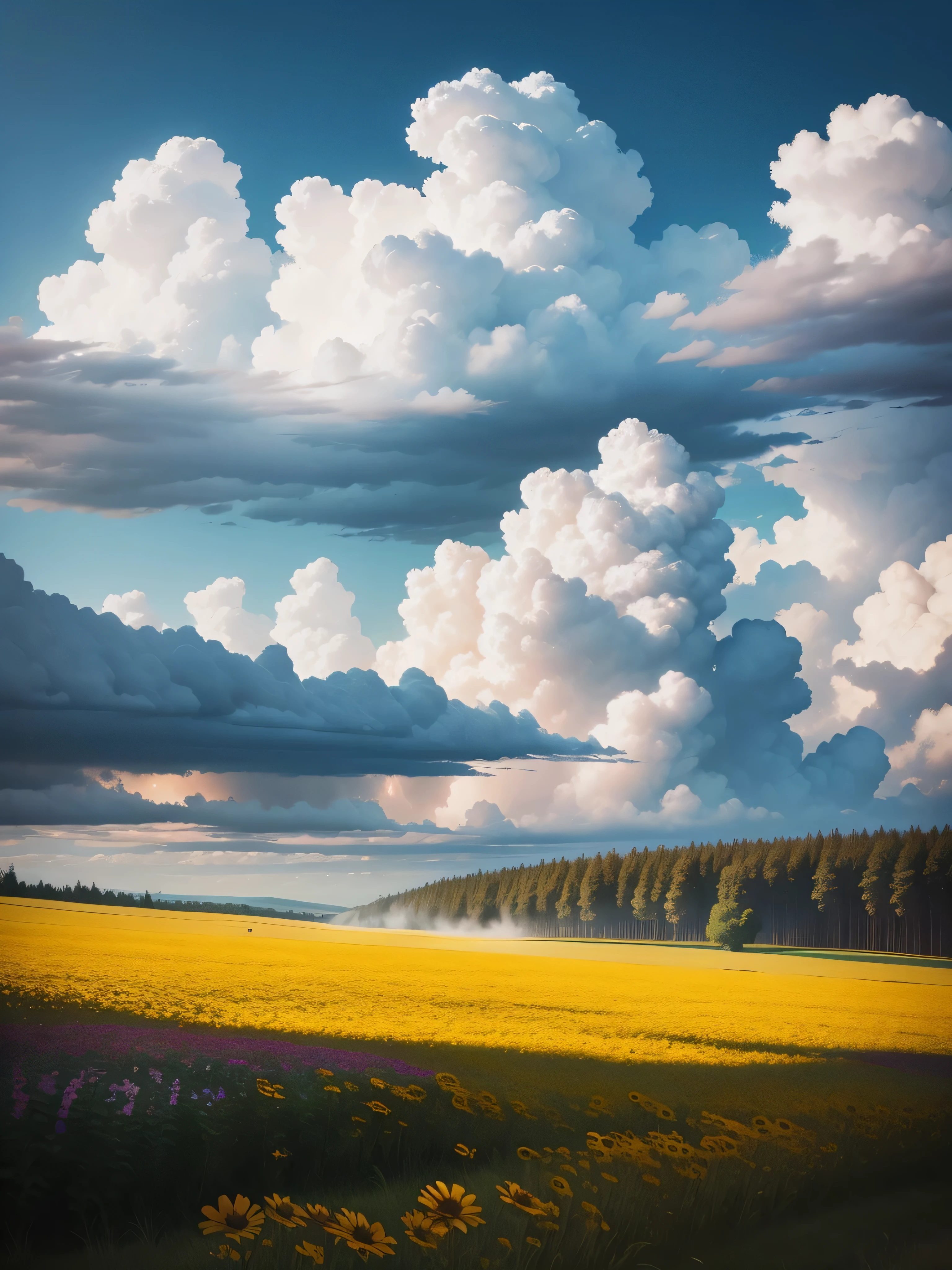 A wild flower field with thunderheads forming on the horizon during a sunny afternoon.