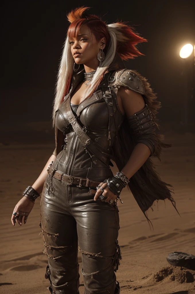 Rihanna Fenty, (((((chubby))))), (chubby face) red collor hair, brown melanine skin , ripped old wildwest bang bang full clothes, cowgirl leather hat, background old west bang bang, night, very steam, white leather clotes, ((very ripped whole jumpsuit)), earings, acessories, epic composition, perfect hands, perfect composition, perfect fingers, vintage collor lights, handsome face, ((angry face)), in desert, (((((very long red light platinum messy hair))))), long leather boots, dunes, ((((dust sand)))), very detailed image, overcoat leather clothe, ancient sand temples, (big booty), (small boobs), vintage lights, cinematic composition, epic cinematic pose, white clothes, apocaliptic clothes, (((Mad Max clothes))), (((skull and bones clothes))), (ancient dagger), (mad max acessories), (((red mullet punk hair))), ((white long side long bang))