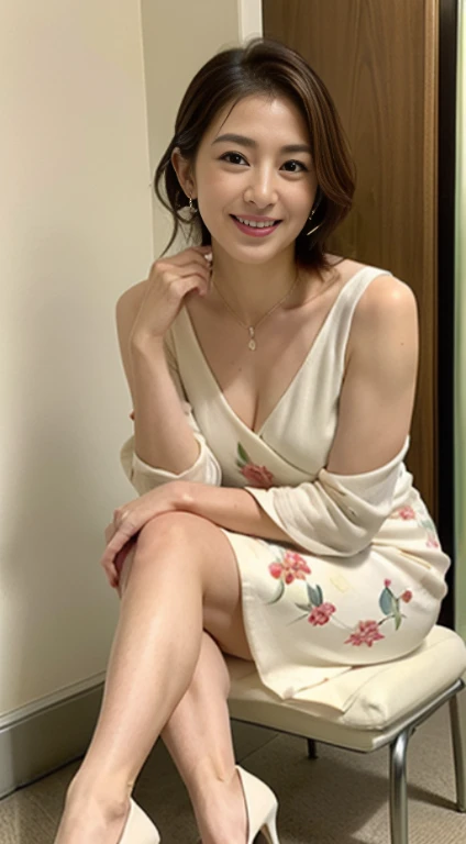 (Best Quality, hight resolution, Hires, Skin definition, Detailed skin, Detailed eyes, Detailed face, 4K, 日本人A MILF, (独奏で), (((50 years old))), (Wrinkles at the corners of the eyes:1.5), (nasolabial folds), Very large breasts, A MILF, glamor, A sexy, Chromo-white skin, Wavy Longhair, Looking at Viewer,(((my skin is old))), ((muscles are old)), Super large udder, ((Japanese Models)), 4K, 8K, (photoRealistic:1.5), Realistic, nffsw, Beautiful, Bimbo, Perfect makeup, small diamond necklace, piercings, ((Floral dress, high-heels, )), thick thighs, (Saggy buttocks), Curve, 独奏, ssmile, Public places, sitted, opening legs,