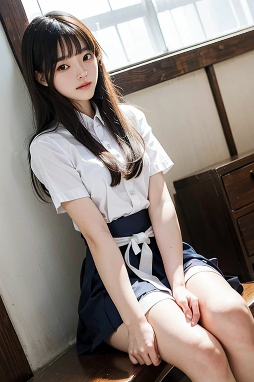 ulzzang-6500-v1.1, (Raw photo:1.2), (Photorealistic:1.4), Beautiful detailed girl, Very detailed eyes and face, Beautiful detailed eyes, Ridiculous, Incredibly ridiculous, Huge file size, Ultra detailed, High Definition, Very detailed, Best quality, Masterpiece,, ((Japan Girls' High School Uniform)), Illustration, Very Detailed, CG, Unification, 8k wallpaper, fantastic, fine detail, masterpiece, best quality, highly detailed cg uniform 8k wallpaper, light on face, movie lighting, 16 year old girl, (white panties), (dynamic pose))), (camel toe), (half), (beige pantyhose), (sit with knees spread))