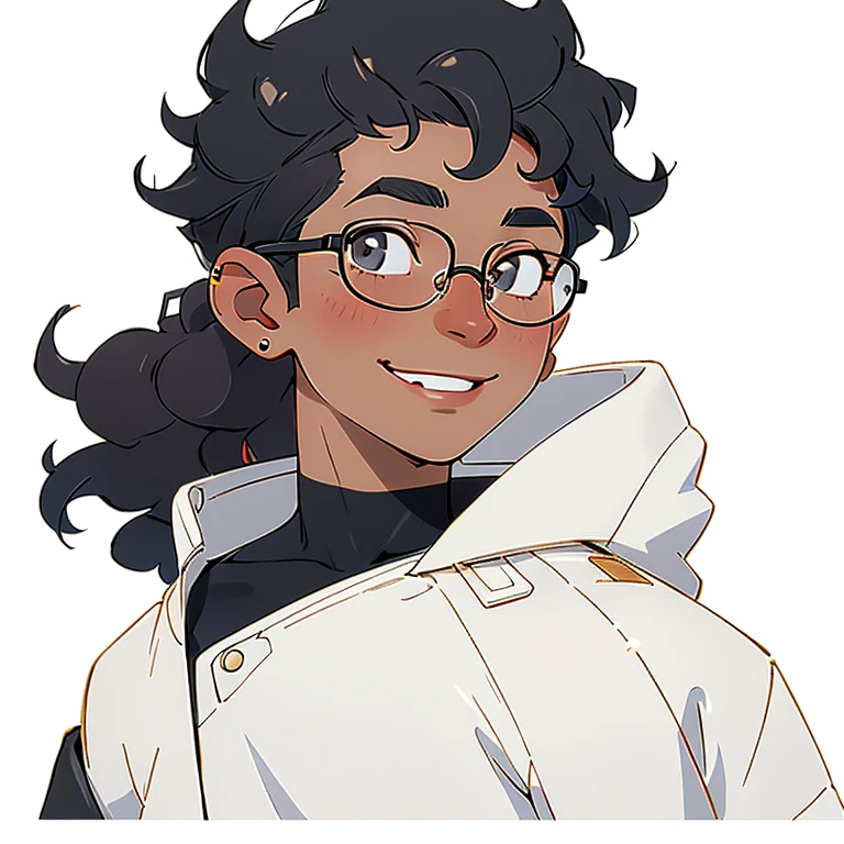 1boy smiling, curly hair, short hair, round glasses, white skin,
nose and mouth of a black person,
small gold ear piercings, with hair shaved to the side, wearing a white shirt with a white jacket