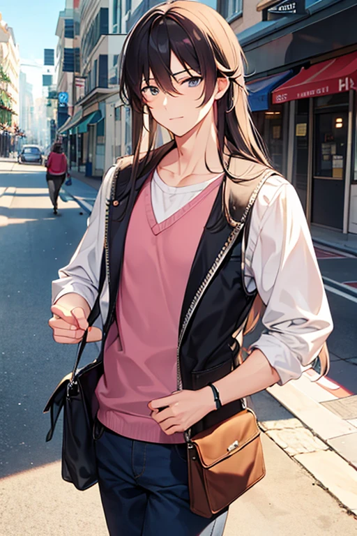 male people、42age、manly、muscular、In the street、The long-haired、up of face、neat face、