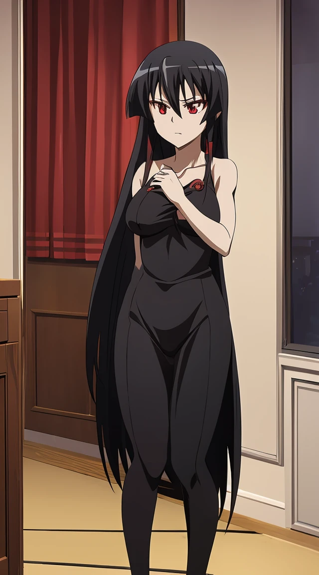 Akame (akame ga kill) anime art style, master piece, best quality,1girl,very long black hair, perfect face, expressive eyes, red eyes ,medium breasts ((nudes)), looking at me,sexy pose ,full body, background hotel room