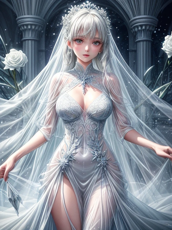 scenecy, Paradise in Heaven, white light naste piece), (Illustration), (Best Quality), (Cinematic), 8K, (art  stations), Li Yue Style. (長い白い髪とSilvery eyesを持つ1人の女の子), (Flowing white sheer dress, beautiful delicate face] [ Blue skin] [+ Body parts] [ particle roux full moon] [frozen blue tree々] [Landscape Dark Crystal] [Lighting] [Ethereal Atmosphere]:1.1 [Fantasy, short story] [book story Style] [soft Lighting] [moody mood]:0.8 [+Cinematic shot]:1.2 [+art  stations] [+luminous blue background] [+soft Lighting] [soft glow] [Creative and dynamic angles]:1.3, [+Crystal Toning] [+Octane Rendering] [+Professional post-production ] [+Octane Rendering] [+tones and Lighting and contrast/ +ghibli Style/+Style] [FUJIFILM XT3 Film]、masutepiece, ighly detailed, Ultra-detailed, Solo, (pale skin), Silvery eyes, Frosty white hair, (snowy background), snowflake rose flower:1.5), (crystal crown), (shining crystals), (((White sheer dress))), (Snowy ground), (Icy breath), (Frozen lashes), stand in a room with flowers、A woman wearing a transparent and delicate wedding dress, luxurious wedding, very magical and dreamy, dreamy and detailed, ethereal fairy tale, fairy tale stage:, Luxury sheer dress, dreamy diamond、Transparent dress with lots of crystals, fantasy sheer dress, A magical dress with a transparent chest, crystal see-through dress, Woman in a transparent dress with sparkling flowersな雰囲気とドラマ, Gorgeous settings, Luxurious and intricate sheer long gown, 妖しい雰囲気 masutepiece, The most beautiful scenes, white transparent legal gown, An majestic、(((Filled with white flowers)))、quiet and serene atmosphere、A charming, Sheer,The nipple is visible、large boob、sexy-S 100,Transparent dress with lots of crystals, fantasy sheer dress, A magical dress with a transparent chest, crystal see-through dress, Woman in a transparent dress with sparkling flowers, intricate fantasy sheer dress, transparent rainbow color, translucent intricate gown, Detailed translucent costume design, translucent  dress, a stunning young ethereal figure, Bejeweled Opal Statue, fantasy transparent costume,、pure white and dazzling、all white tones,Inside the crystal library,Transparent flowers and falling snow，Many white roses were planted,flowingwater,falls,water bloom,The decoration is also carefully done.,Dreamy（ighly detailedです，Creative Design，crisp and precise lines，K HD，best qualtiy，tmasterpiece，超A high resolution，4K）