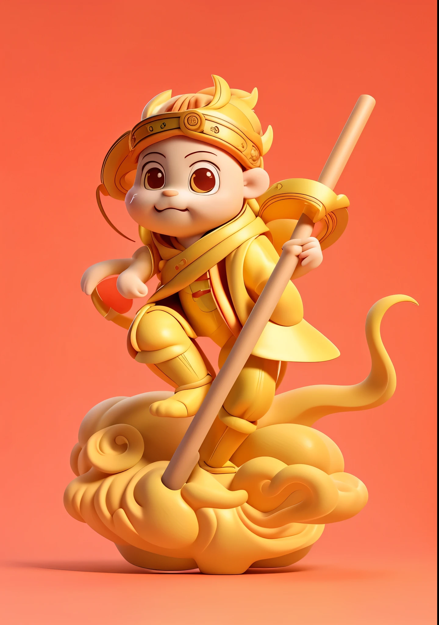 standing on one leg，Hold the golden hoop，Wear cotton clothes，Sun Wukong wearing a red cloak, Akira in Chinese mythology, picure,Rui Fan Art, Clean anime silhouettes, Official concept art, wip, intense line art, 《Kola Legend》Moogle enters, cute artwork, white fox anime, Cute and detailed digital art, adorable digital art，Qi Tian Great Saint Sun Wukong，Sun Wukong fights，可爱3D立体毛绒玩具Shiba dog，Frontal view，毛绒玩具Shiba dog，largeeyes，stand posture，Cute healing，gentle expressions，o cachorrinho，Shiba dog，Plush rendering，C4D modeling，shaggy，solid color backdrop，Front lens，可爱的玩具standing on one leg