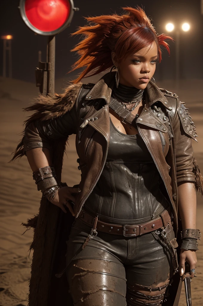 Rihanna Fenty, (((((chubby))))), (chubby face) red collor hair, brown melanine skin , ripped old wildwest bang bang full clothes, cowgirl leather hat, background old west bang bang, night, very steam, white leather clotes, ((very ripped whole jumpsuit)), earings, acessories, epic composition, perfect hands, perfect composition, perfect fingers, vintage collor lights, handsome face, ((angry face)), in desert, (((((very long red light platinum messy hair))))), long leather boots, dunes, ((((dust sand)))), very detailed image, overcoat leather clothe, ancient sand temples, (big booty), (small boobs), vintage lights, cinematic composition, epic cinematic pose, white clothes, apocaliptic clothes, (((Mad Max clothes))), (((skull and bones clothes))), (ancient dagger), (mad max acessories), (((red mullet punk hair))), ((red long side long bang))