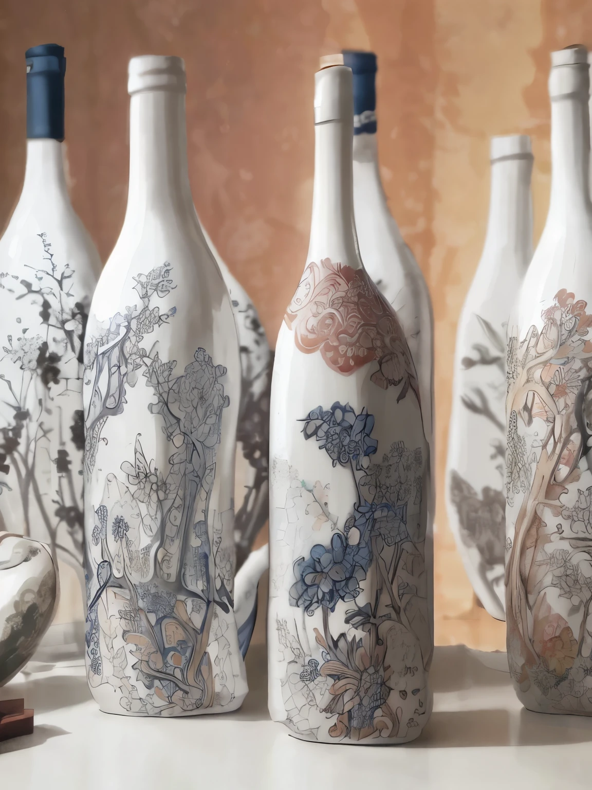 Several bottles with decorative patterns are arranged on the table, vases and bottles, Inspired by Yun Shouping, ancient china art style, intricate carvings, triumphant, porcelain, Fractal Guizhou Miao Pattern, thin porcelain, white porcelain skin, Chinese art, Inspired by Shi Zhonggui, In line with ancient Chinese aesthetics, Inspired by Puhua