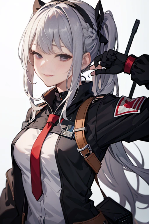 (masterpiece, best quality:1.2),illustration,8k,hd,1girl,solo,upper body,(portrait:1.2),ak-12 (girls' frontline),long hair,closed eyes,grey hair,boots,smile,black pants,black gloves,bangs,braid,french braid,jacket,black footwear,sidelocks,mask,long sleeves,partially fingerless gloves,hair ribbon,black ribbon,bag,medium breasts,