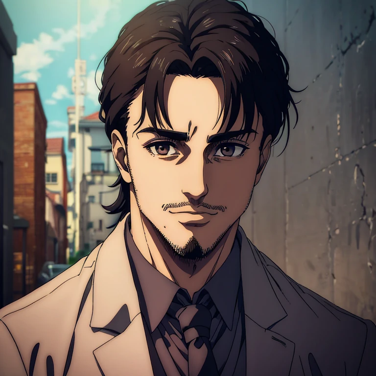 A male character who is 20 years old  who has brown eyes and black  hair in the Mappa art style. He is depicted in a grey shirt, showcasing a sharp jawline. He has short beard  in anchor goatee style .He is also wearing black three piece suit. He is also fair. He is also smiling a little.The artwork should have the best quality, with ultra-detailed and realistic features. The color palette should be vivid, and the lighting should emphasize the character's facial structure and expression.