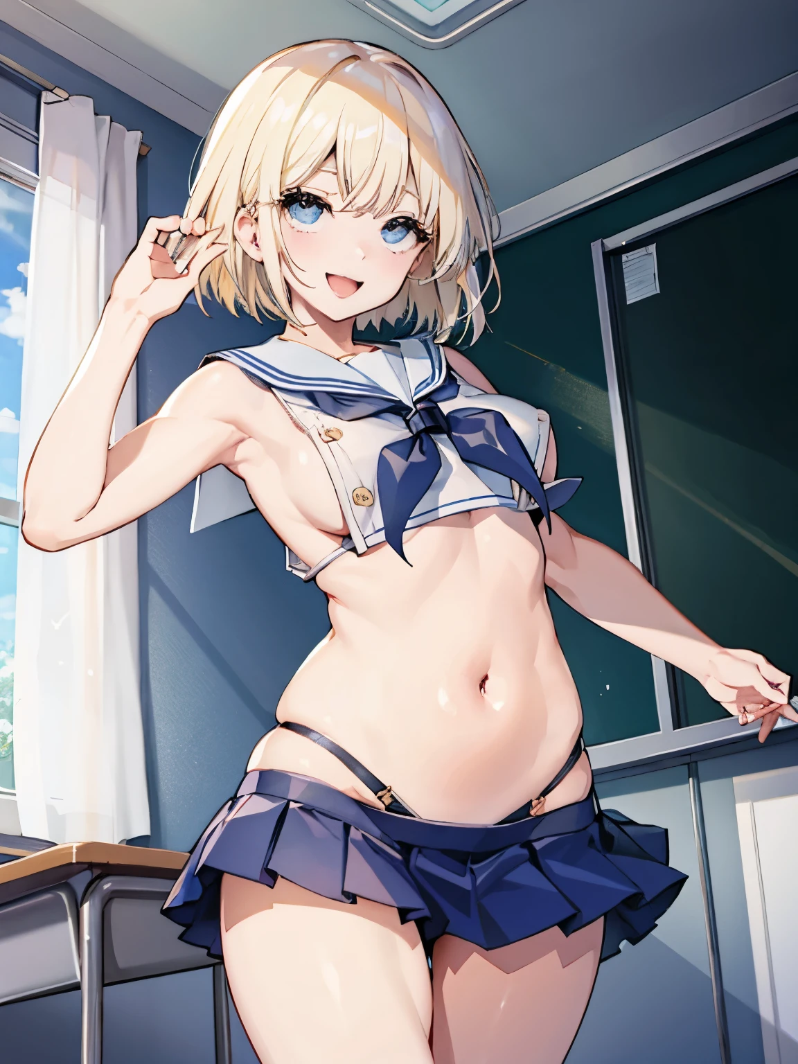 top-quality、realistic touch,high-detail、photoRealstic、thin-waist、captive beauty、big eye、solid platinum-blonde eyelashes、platinum-blonde、full body Esbian、Sparkling eyes、Submissive smile、Flushed cheeks、Kamimei、thin-waist、Voluptuous thighs、Enraptured look、In the classroom of the school、Navel look、She is in estrus、a sailor suit、cocky expression、Colossal tits、Super short skirt with V-line visible、Camera angle from below、Big breasts visible between uniform and stomach、Sleeveless